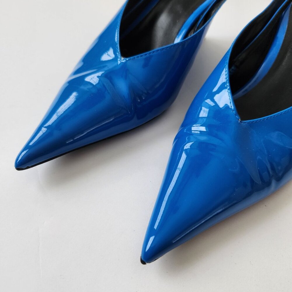 Zara Blue Patent Leather Pointed Toe Kitten Heel Wedge Slingback Shoes Size 38 - Picture 3 of 16